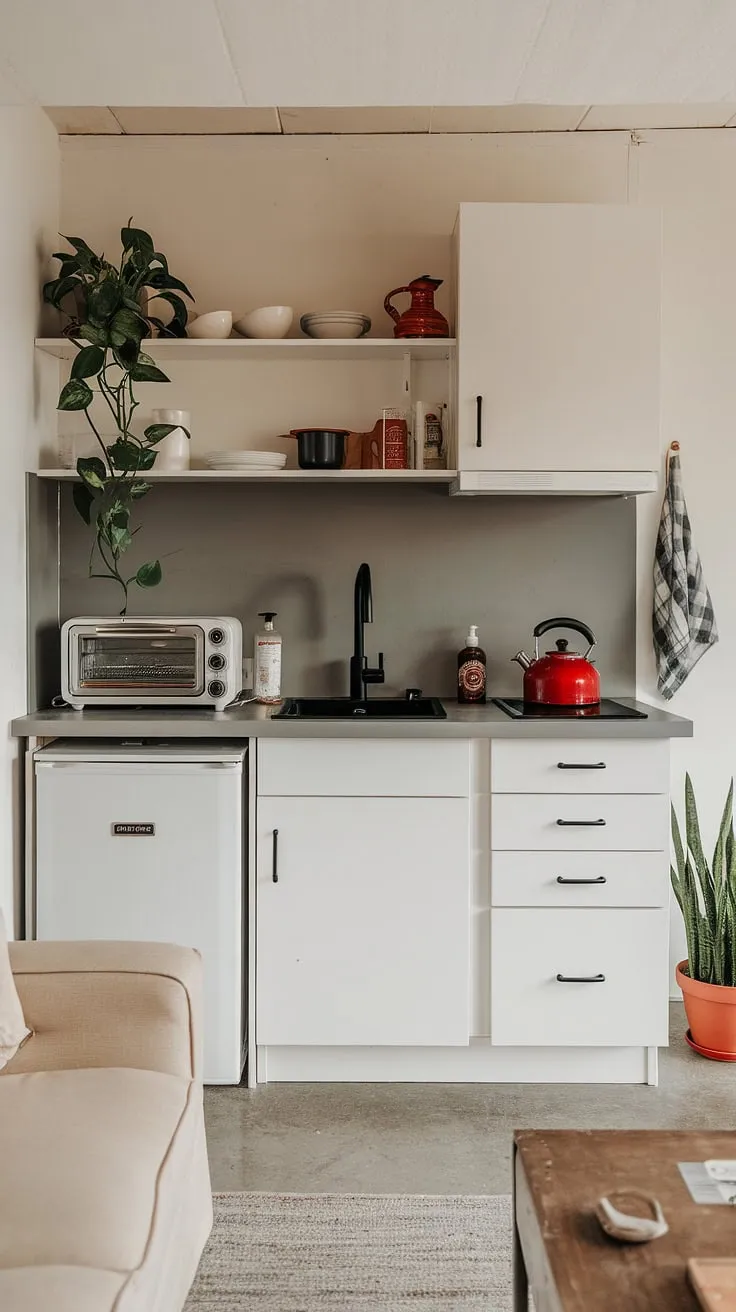 This cozy basement mini kitchen, perfect for small kitchen studio ideas, proves that functionality doesn't require a lot of space. The gray countertop, white cabinets, and black sink create a sleek aesthetic, complemented by a pop of red from the kettle and a touch of greenery. Imagine this kitchenette guest suite, or even a master suite kitchenette, adding convenience without sacrificing style. The design is equally suitable for hotel room kitchenette design or a home office kitchenette, showcasing how mini kitchens small spaces can be both stylish and efficient. Its placement within the living room creates a seamless living room kitchenette, a brilliant solution for small space kitchenette needs.