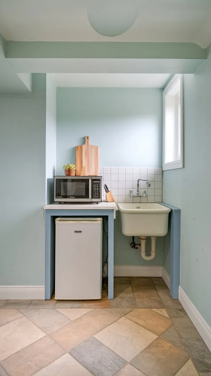 Maximize your space with this efficient basement mini kitchen. Ideal for mini kitchens small spaces, a living room kitchenette, or even a creative kitchenette bathroom combo, this setup is a testament to smart design in small space kitchenette solutions.