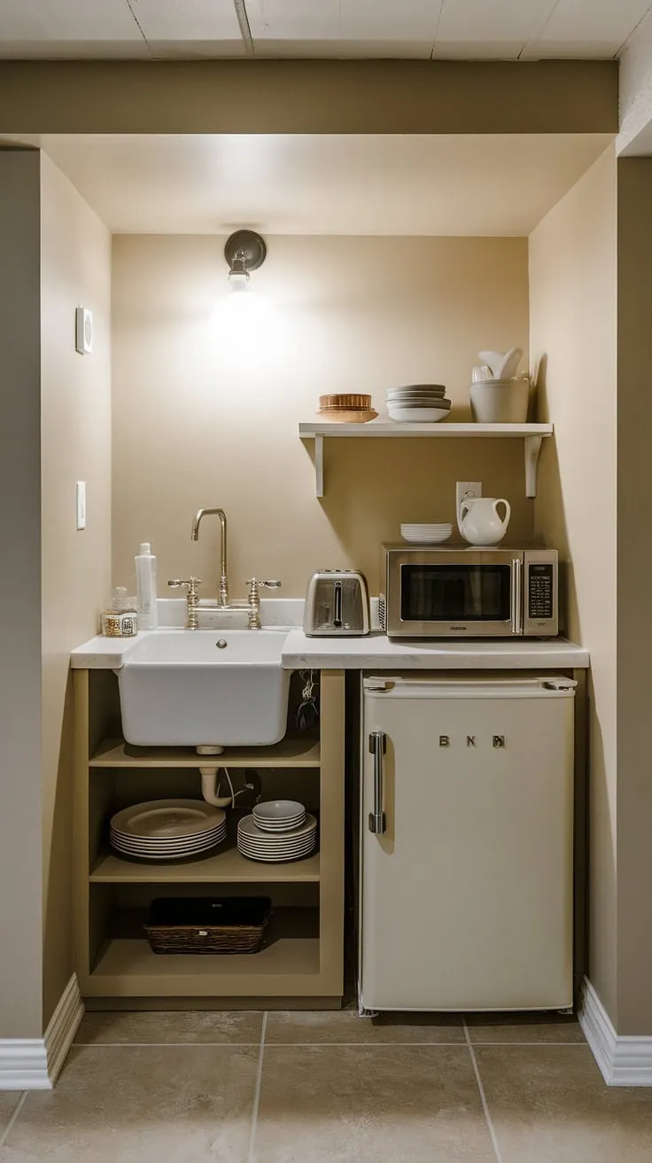 This cozy basement mini kitchen proves that functionality doesn't require a lot of space. Perfect for small kitchen studio ideas, this kitchenette offers everything you need—a sink, refrigerator, and microwave—in a compact design. Imagine this as a kitchenette guest suite, master suite kitchenette, or even a home office kitchenette. The neutral beige walls and tiled floor create a clean and inviting atmosphere, making it ideal for mini kitchens small spaces. Consider this design inspiration for hotel room kitchenette design or even a living room kitchenette in a small space. The small space kitchenette is surprisingly efficient.