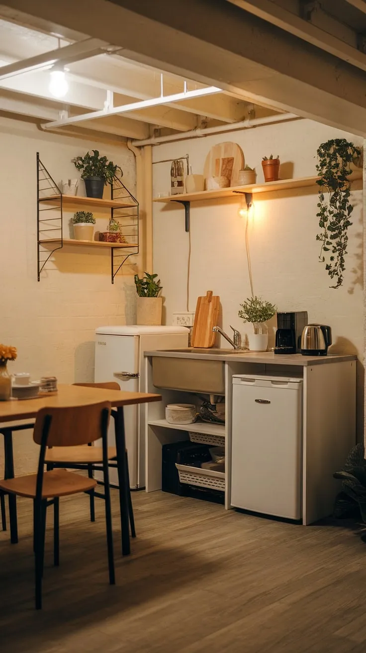 Cozy and functional, this basement mini kitchen proves that small space living can be stylish. The warm lighting highlights the clever use of space, incorporating a dining area and shelving for plants. Perfect for small kitchen studio ideas, this kitchenette guest suite or even a master suite kitchenette offers a surprising amount of convenience. Think hotel room kitchenette design meets home office kitchenette—ideal for mini kitchens small spaces and living room kitchenette solutions. The wooden floors add warmth, creating a welcoming small space kitchenette.