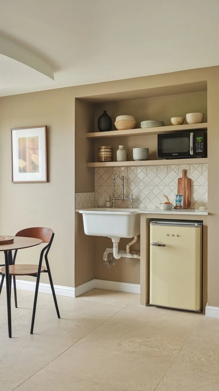 This cozy basement mini kitchen offers clever small kitchen studio ideas, perfect for a kitchenette guest suite or even a master suite kitchenette. The compact design, incorporating a sink, refrigerator, and microwave, maximizes space, making it ideal for mini kitchens in small spaces. The beige walls and tiled floor create a calming atmosphere, equally suitable for a hotel room kitchenette design or a home office kitchenette. The small space kitchenette includes a table and chair, adding functionality for quick meals. While not a kitchenette bathroom combo, this efficient setup demonstrates how to create a functional living room kitchenette or a stylish addition to any small space.