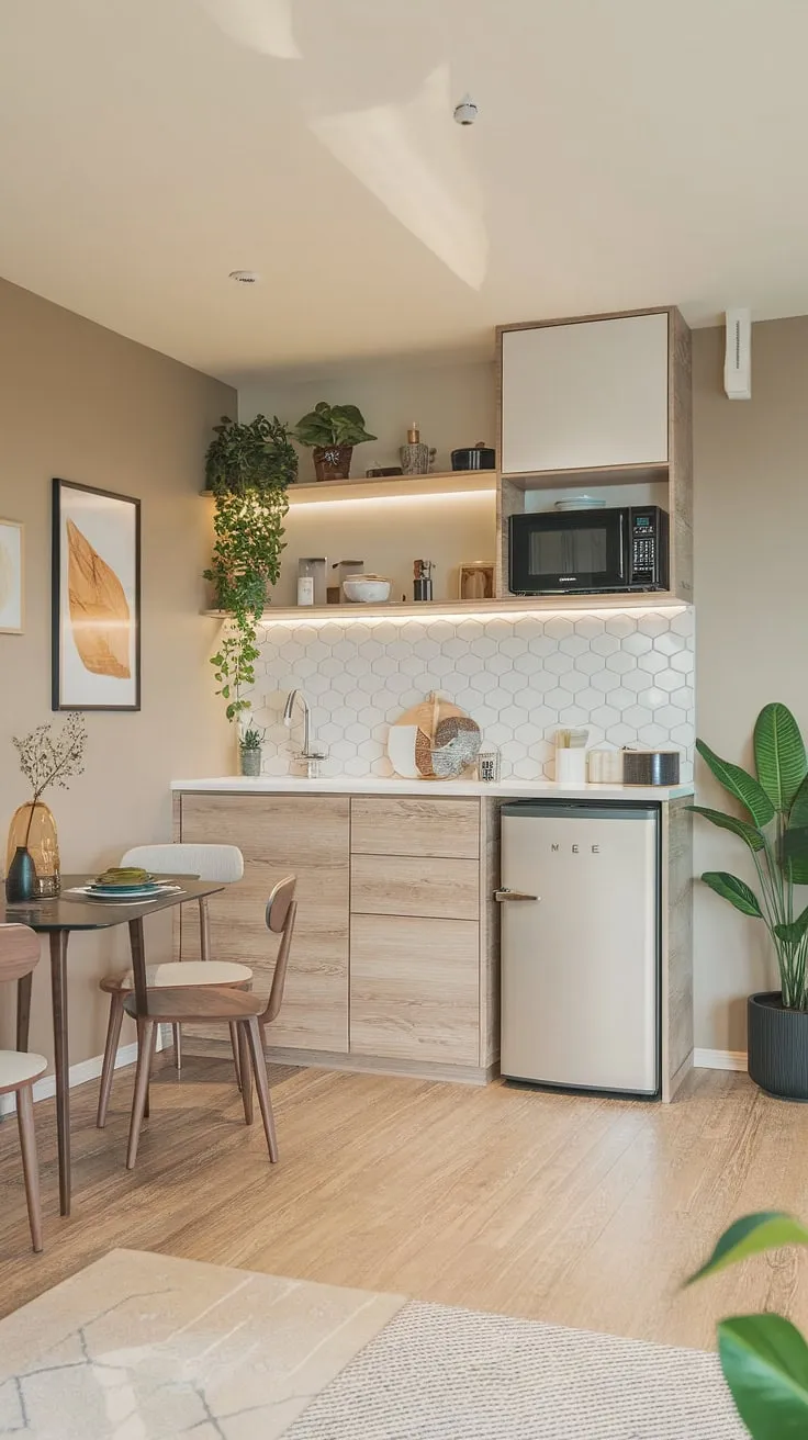 This ingenious basement mini kitchen and home office kitchenette combination showcases clever small space kitchenette solutions. The kitchenette bathroom combo and small dining area create a surprisingly spacious feel within this small kitchen studio ideas masterpiece. Ideal for a kitchenette guest suite or even a living room kitchenette, this design proves that mini kitchens small spaces can be luxurious.