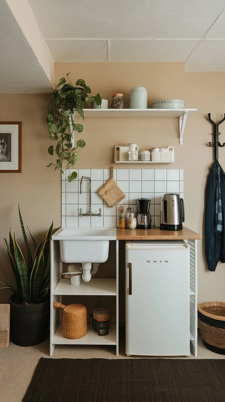 This cozy basement mini kitchen showcases clever small kitchen studio ideas, perfect for a kitchenette guest suite or even a master suite kitchenette. The compact design, incorporating a sink, refrigerator, and countertop appliances, maximizes space. Think hotel room kitchenette design, but with a homey touch—potted plants add life, while the dark rug grounds the space. Ideal for mini kitchens small spaces, this setup could also function as a home office kitchenette or even a living room kitchenette, proving that small space kitchenettes can be both stylish and functional. The added shelf provides extra storage, making it a practical solution for a kitchenette bathroom combo (though not pictured here).
