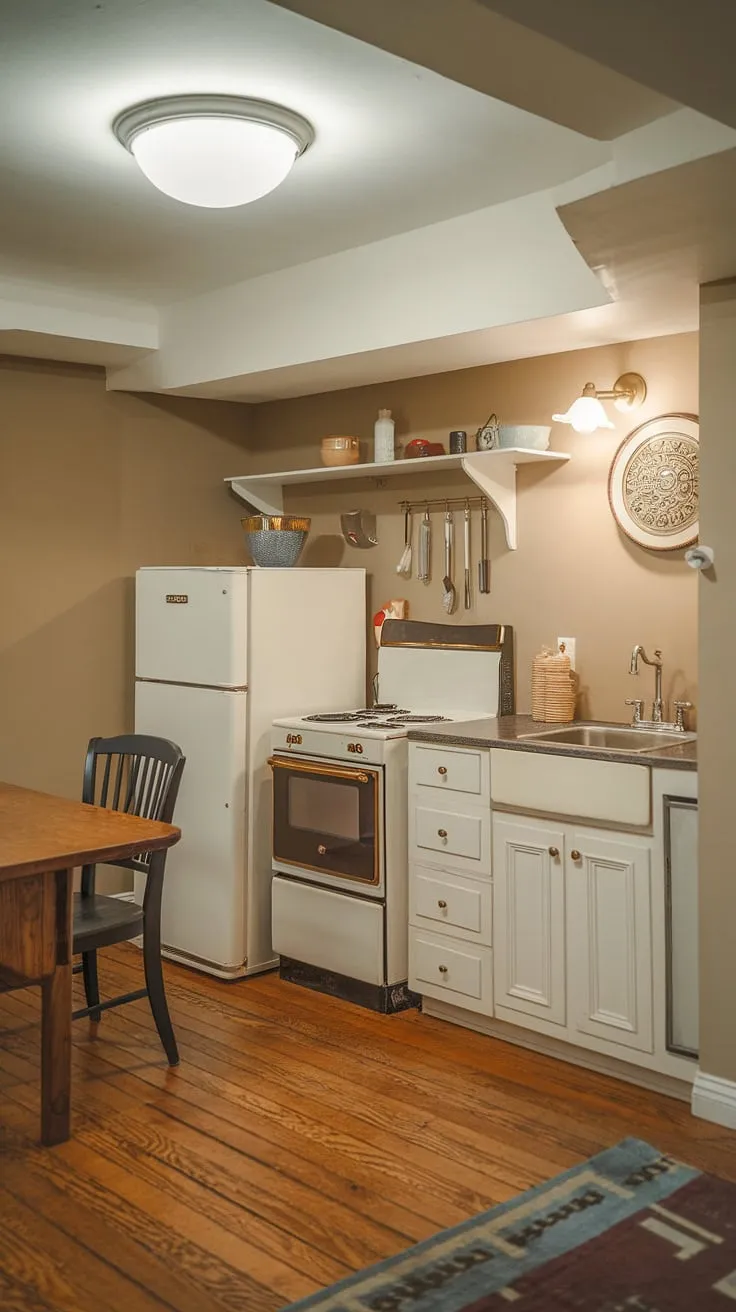 Cozy and complete: This basement mini kitchen proves that small space living can be stylish and functional. Perfect for small kitchen studio ideas or a kitchenette guest suite.
