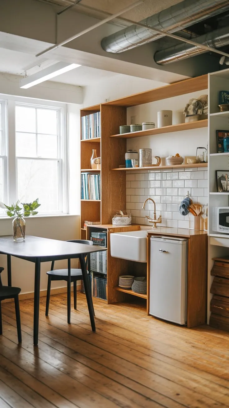 This basement mini kitchen proves that small space living can be stylish and functional. Perfect for a home office, this setup offers convenience without sacrificing design, showcasing clever small kitchen studio ideas.