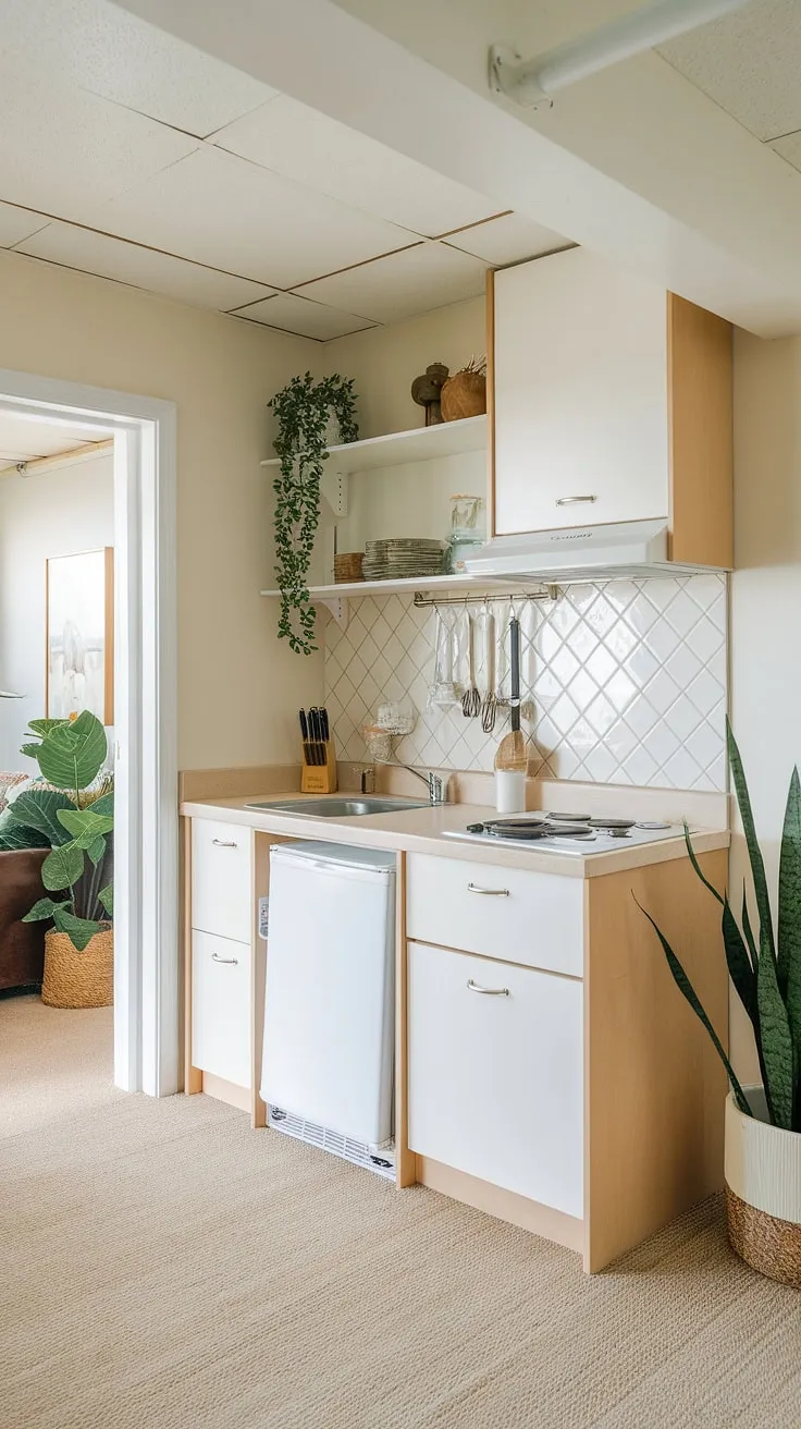This cozy basement mini kitchen, perfect for small kitchen studio ideas, offers efficient functionality in a compact space. The beige countertop and white cabinets create a bright and airy feel, complemented by the addition of a few plants. Ideal as a kitchenette guest suite, master suite kitchenette, or even a home office kitchenette, this design showcases how mini kitchens small spaces can be both stylish and practical. Consider this inspiration for hotel room kitchenette design or even a living room kitchenette— proving that a small space kitchenette doesn't have to compromise on style or functionality. The kitchenette bathroom combo potential is also evident in this clever design.