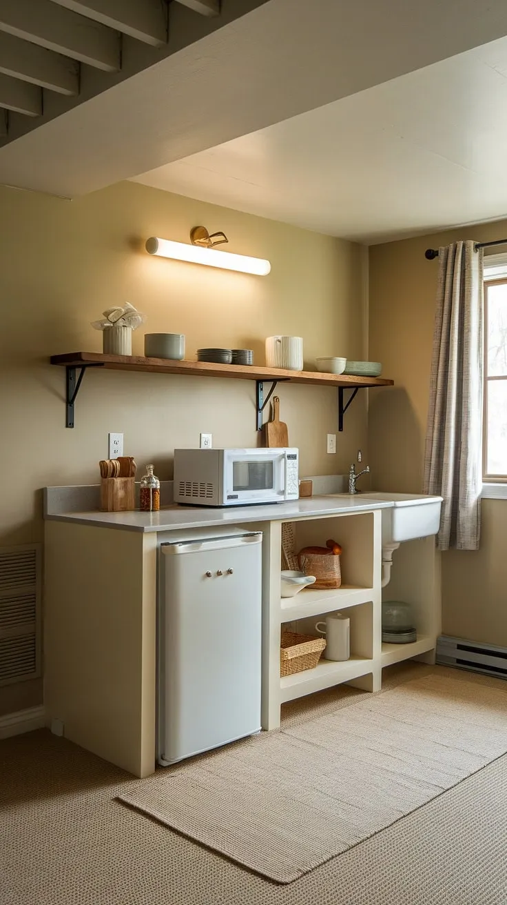 Cozy basement mini kitchen: perfect small kitchen studio ideas for a kitchenette guest suite or even a master suite kitchenette. This compact space proves that functionality and style can thrive in even the smallest areas.