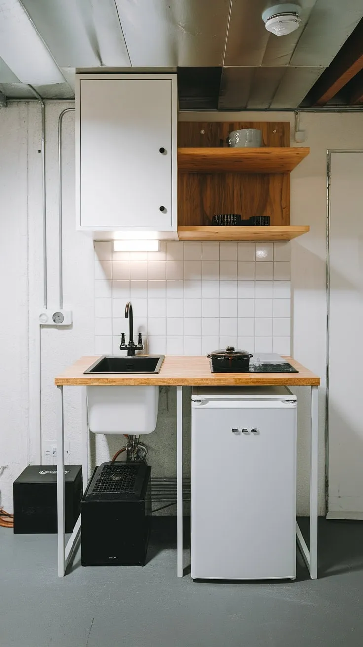 This compact basement mini kitchen, perfect for small kitchen studio ideas, boasts a sleek black sink and white refrigerator, complemented by a warm wooden countertop and shelf. The grey tiled floor and simple white cabinet create a clean aesthetic, ideal for a kitchenette guest suite, master suite kitchenette, or even a home office kitchenette. Its efficient design makes it a great example of mini kitchens small spaces and hotel room kitchenette design, even suitable for a living room kitchenette or a surprisingly stylish kitchenette bathroom combo.