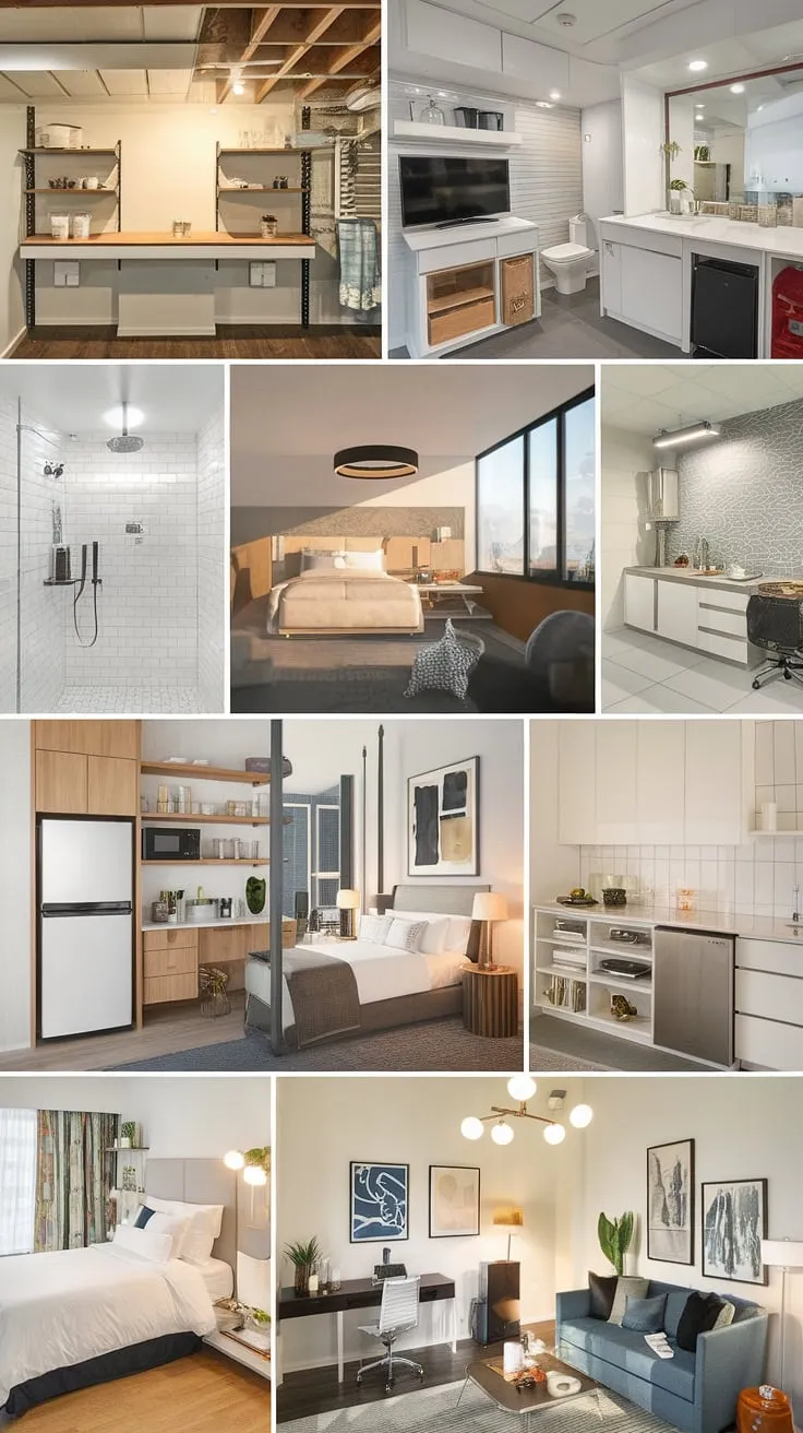 Maximize your basement space with these clever small kitchen studio ideas! From a kitchenette bathroom combo perfect for guests to a master suite kitchenette with a cozy sitting area, these mini kitchens small spaces prove that functionality and style can coexist. Explore designs ranging from a hotel room kitchenette design with essential appliances to a home office kitchenette complete with a desk and bookshelf, or even a living room kitchenette that seamlessly integrates into your relaxation space. These small space kitchenette solutions offer everything you need, proving that even the smallest spaces can be beautifully and efficiently designed.