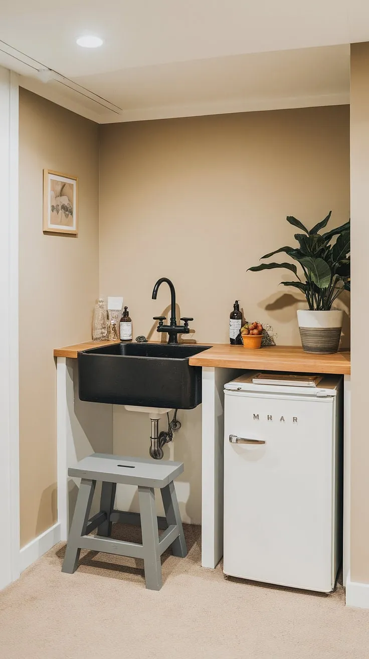 This well-lit basement mini kitchen, perfect for small kitchen studio ideas or a kitchenette guest suite, boasts a sleek black sink, white refrigerator, and warm wooden countertop. The grey stool adds a touch of industrial chic, while the potted plant brings a bit of life to this efficient space. Ideal for a master suite kitchenette, hotel room kitchenette design, home office kitchenette, or even a living room kitchenette, this mini kitchen proves that functionality and style can thrive even in mini kitchens small spaces. A kitchenette bathroom combo might even be possible with clever design in a similar space.