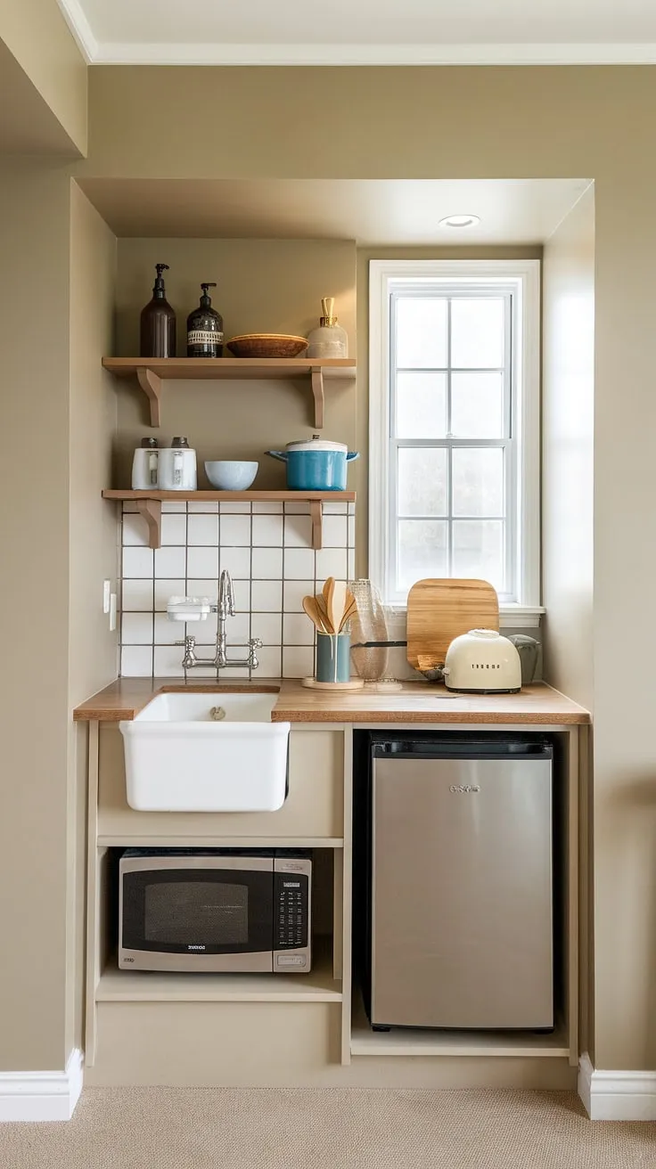 Maximize space and style with this small space kitchenette design. This kitchenette bathroom combo in a basement guest suite offers a surprisingly functional mini kitchen, perfect for a master suite kitchenette or hotel room kitchenette design. The small kitchen studio ideas are evident in the efficient use of space, incorporating a sink, refrigerator, and microwave. The inclusion of a window brightens this mini kitchens small spaces solution, equally suitable as a home office kitchenette or a living room kitchenette.
