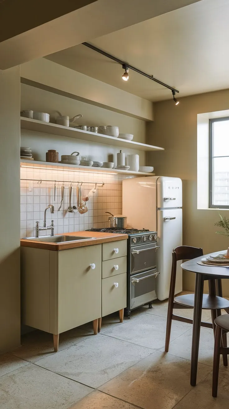 Maximize space and style with this charming basement mini kitchen. Small kitchen studio ideas shine in this efficient design, perfect for a kitchenette guest suite or even a home office kitchenette.