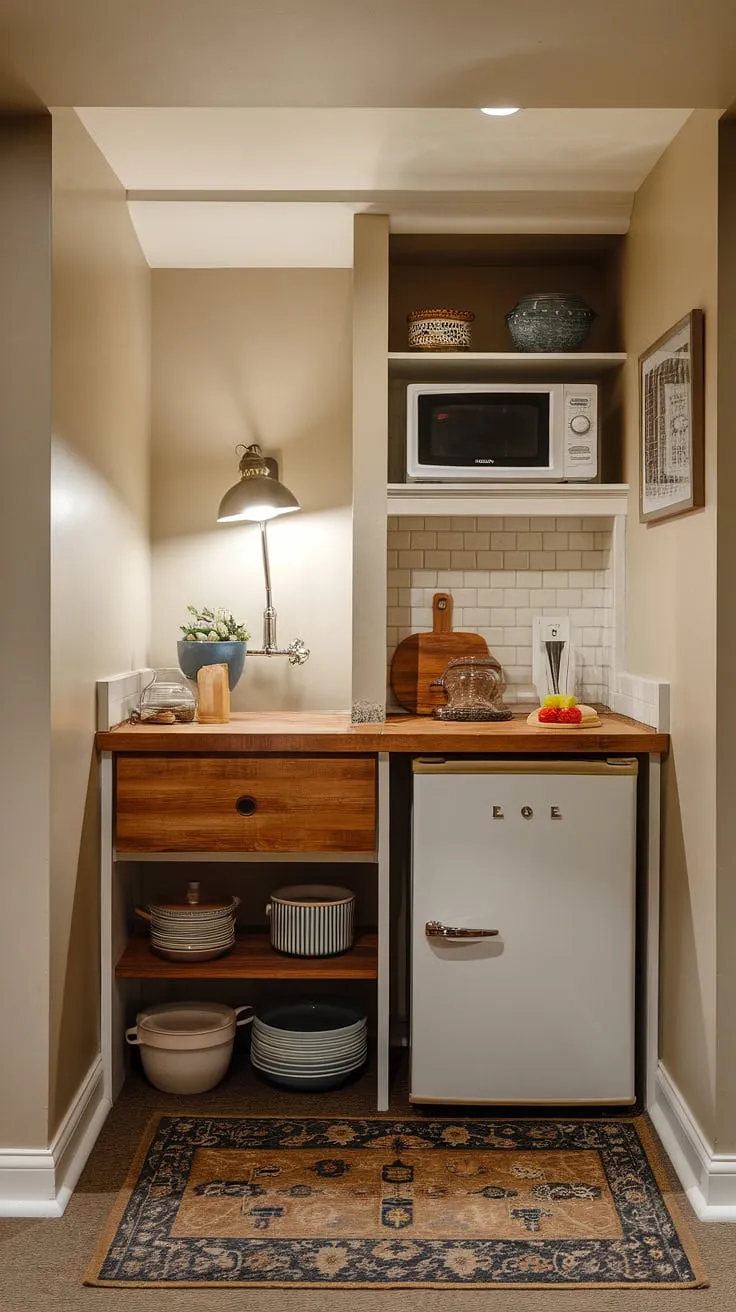 Cozy and efficient, this basement mini kitchen proves that small space living can be stylish. Perfect for small kitchen studio ideas or a kitchenette guest suite, this design maximizes functionality without sacrificing charm.