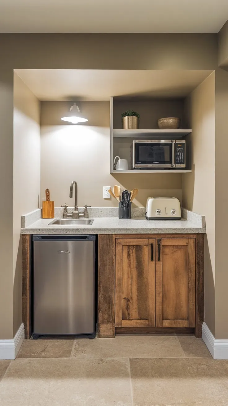 This cozy basement mini kitchen, perfect for small kitchen studio ideas, proves that functionality doesn't require vast space. The compact design, ideal for a kitchenette guest suite or even a master suite kitchenette, features a mini-fridge, microwave, and toaster, all within easy reach. The beige walls and tiled floor create a calming atmosphere, making it a practical addition to a home office kitchenette or a stylish hotel room kitchenette design. This small space kitchenette is a testament to efficient living, even in a living room kitchenette or a kitchenette bathroom combo (though this example is thankfully separate!). Mini kitchens small spaces are made easy with clever design like this.