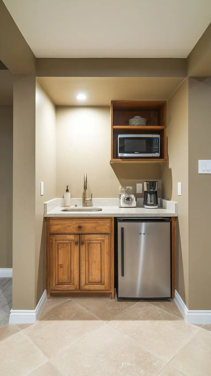 Maximize your space with this charming basement mini kitchen. Ideal for a master suite kitchenette, hotel room kitchenette design, or even a home office kitchenette—mini kitchens small spaces have never looked so good.