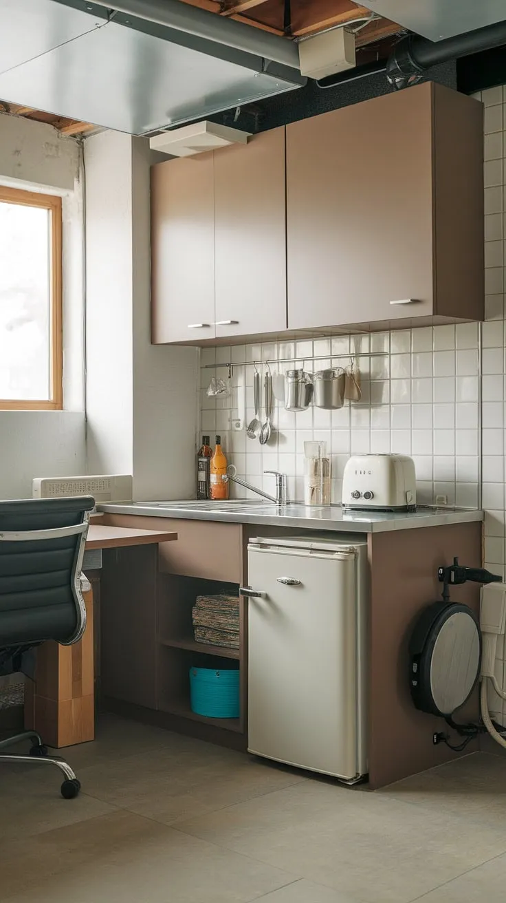 Maximize your space with this inspiring home office kitchenette. This basement mini kitchen showcases how a small space can be transformed into a fully functional area. The compact design, featuring a sink, refrigerator, and essential appliances, is ideal for small space kitchenette solutions. Imagine the possibilities: a kitchenette bathroom combo, a kitchenette guest suite, or even a master suite kitchenette. This setup offers practical inspiration for hotel room kitchenette design and provides a compelling example of mini kitchens small spaces. The inclusion of a desk and chair further highlights its versatility, making it a perfect blend of workspace and kitchenette. Consider this a testament to the power of smart design in a living room kitchenette or any area needing a functional yet compact kitchen.