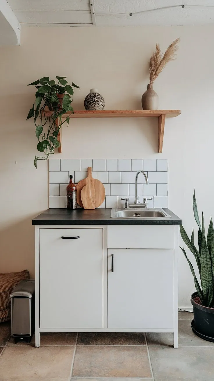 This basement mini kitchen proves that small space living can be stylish and functional. Perfect for small kitchen studio ideas, or even a kitchenette guest suite.