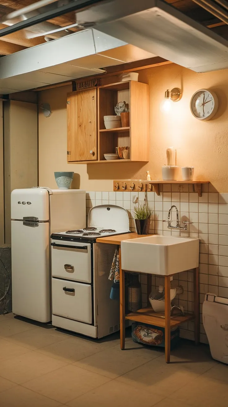 Warm lighting and efficient design make this basement mini kitchen a dream. Ideal for hotel room kitchenette design, home office kitchenette, or mini kitchens in small spaces—even a living room kitchenette or kitchenette bathroom combo could work!