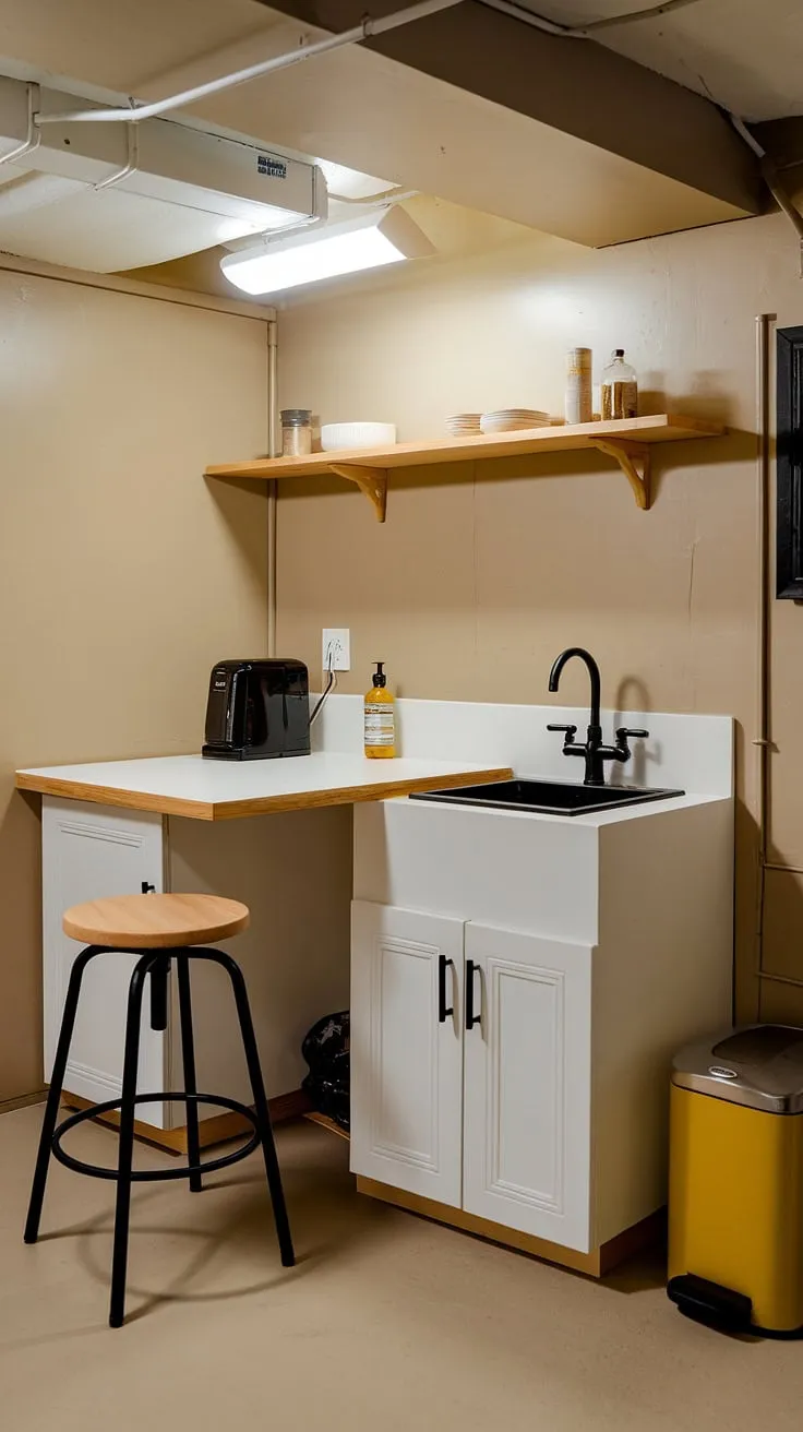 Maximize your space with this charming basement mini kitchen. Ideal for hotel room kitchenette design, home office kitchenette, or a living room kitchenette, this mini kitchen for small spaces showcases how a kitchenette bathroom combo can be both efficient and aesthetically pleasing.