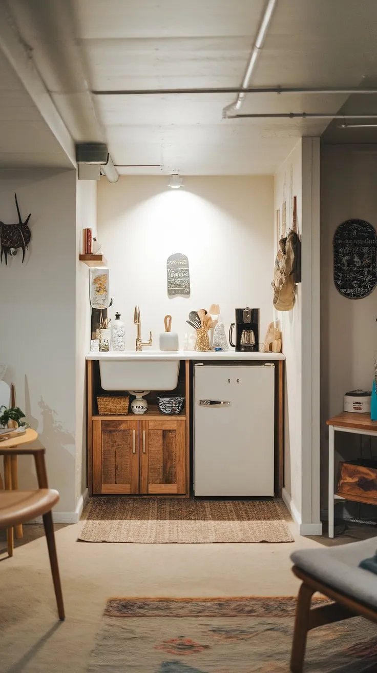 This basement mini kitchen proves that small space living can be stylish and functional. Perfect for small kitchen studio ideas, or even a kitchenette guest suite, this compact design maximizes efficiency.