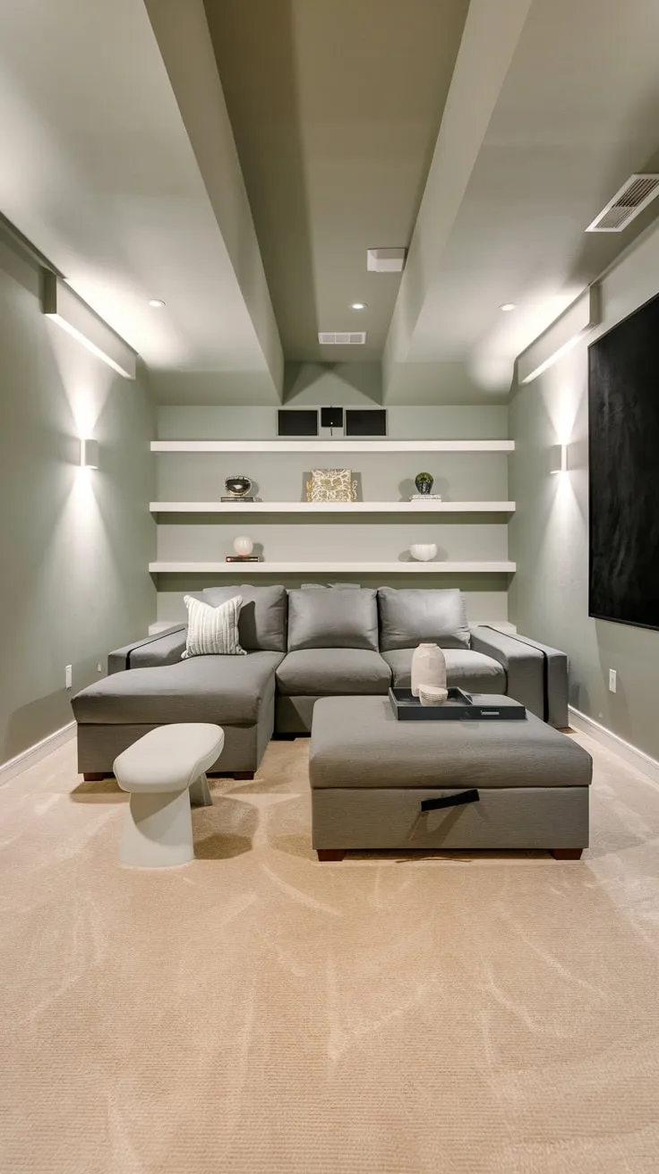Sleek Modern Basement Theater with Cozy Gray Accents