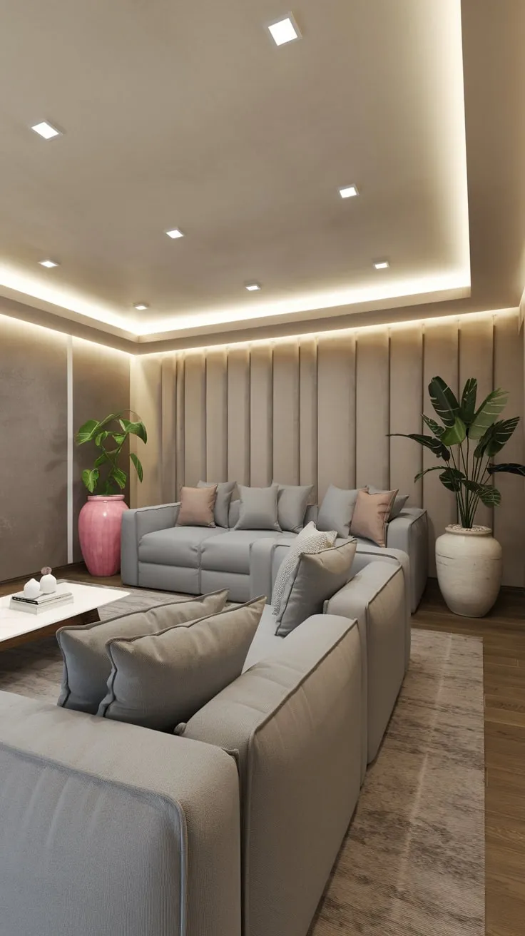 Stylish Modern Basement Theater with Cozy Gray Sofa