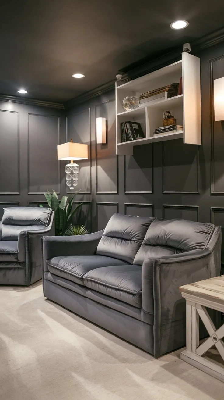 Cozy Modern Basement Theater with Plush Seating Decor