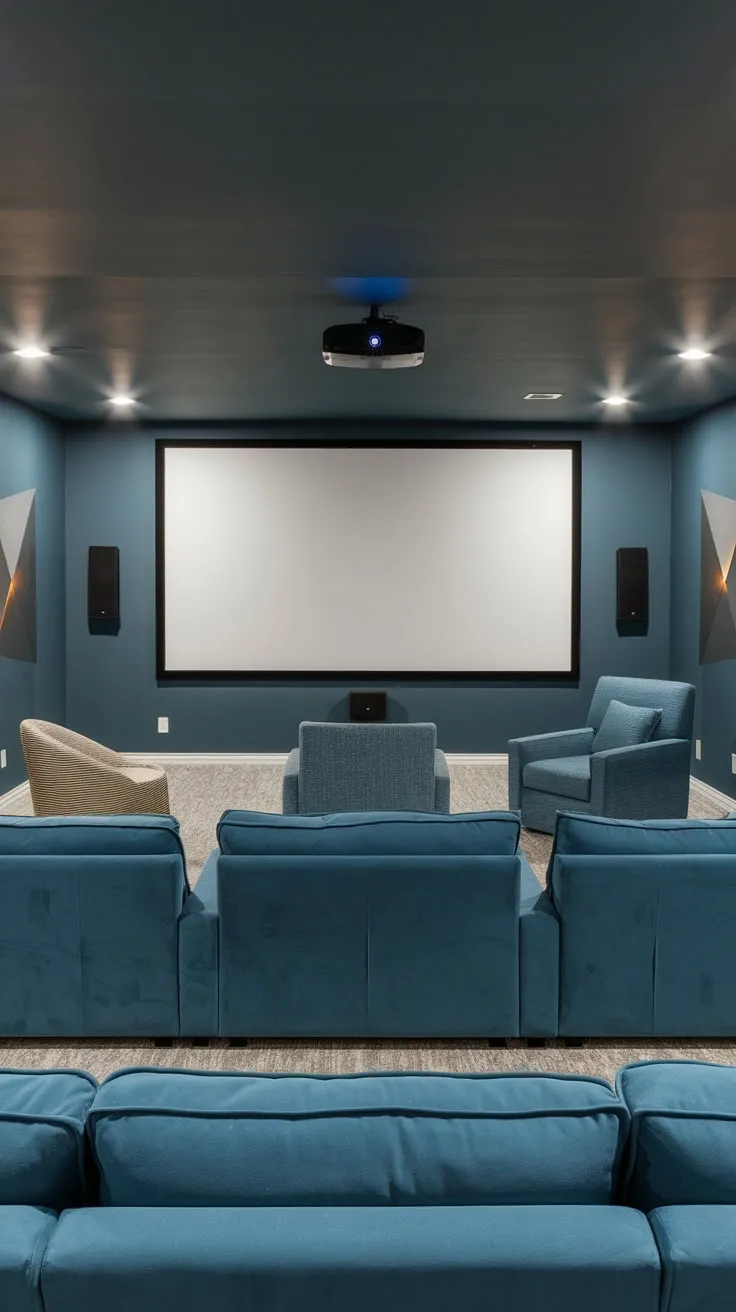 Stylish Modern Basement Theater with Blue Sofas