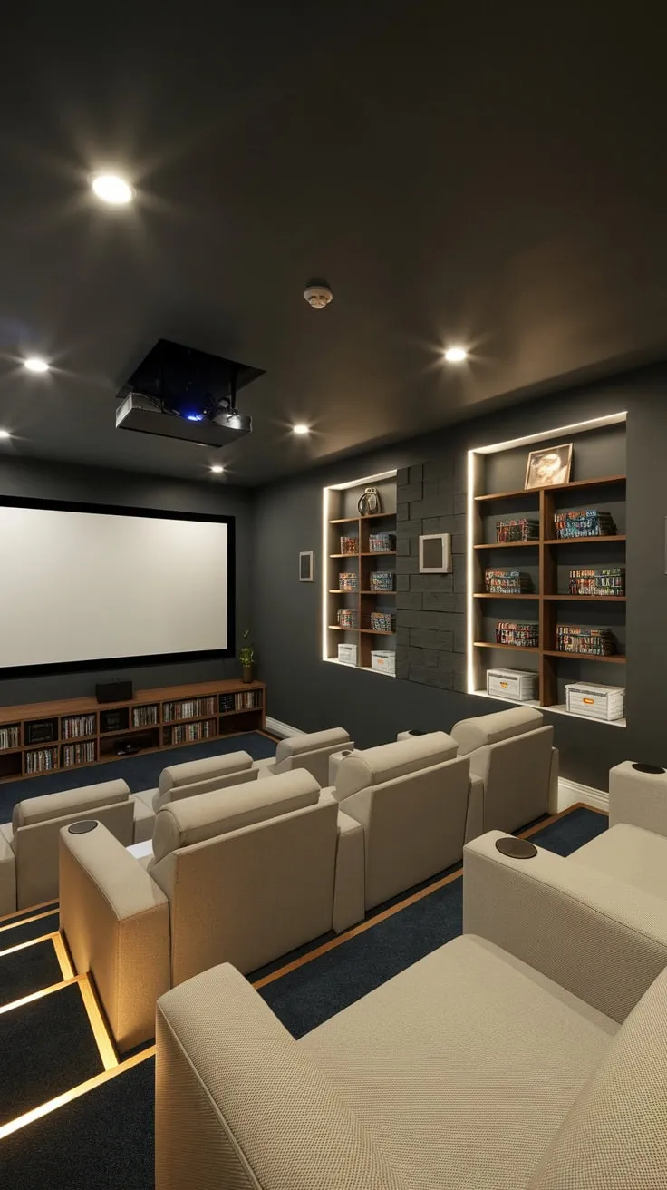 Stylish Modern Basement Theater with Cozy Seating