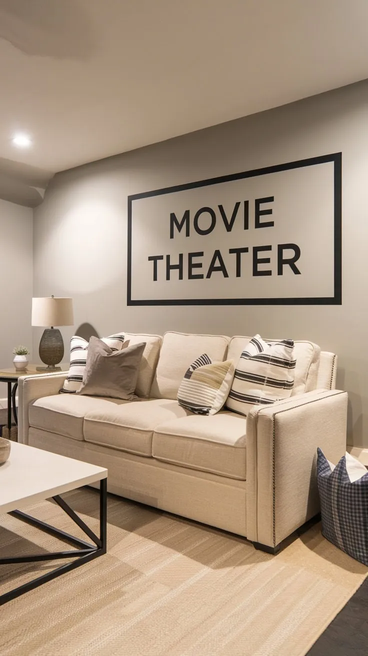 Stylish Modern Basement Movie Theater with Cozy Decor