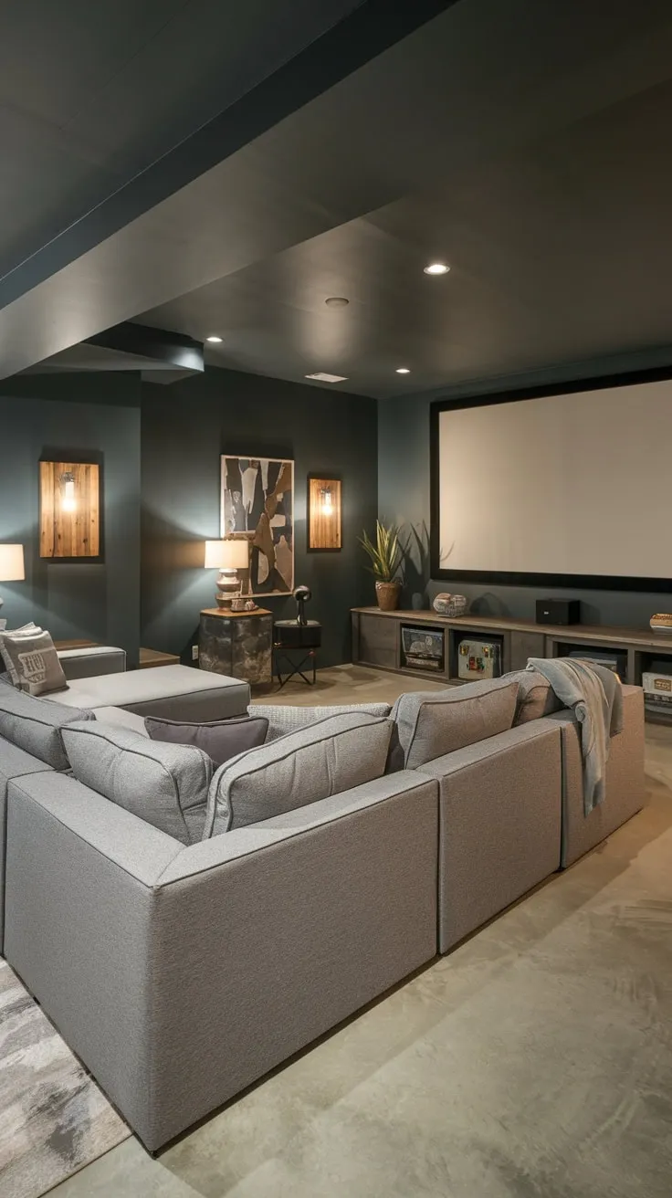 Sleek Modern Basement Theater with Reclining Sectional Sofa