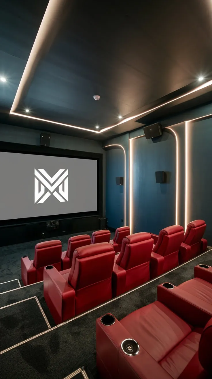 Sleek Modern Basement Theater with Plush Red Seating
