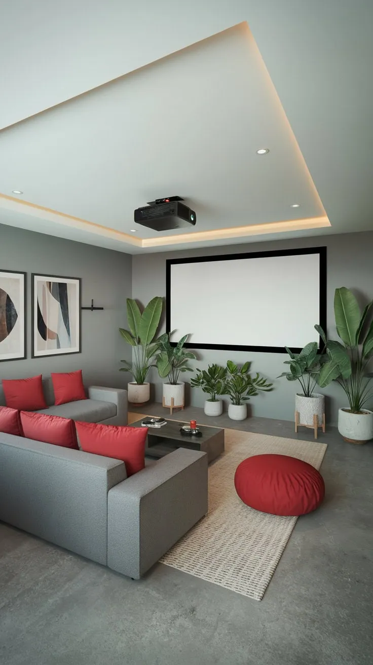 Stylish Modern Basement Theater with Cozy Gray Sofa