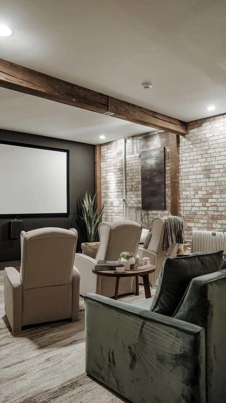 Cozy Modern Basement Theater with Rustic Brick Charm