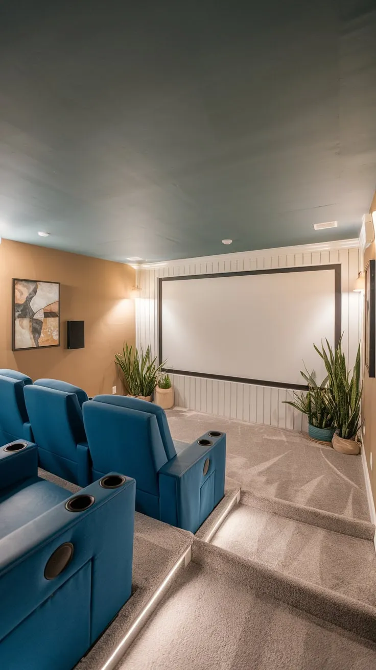 Cozy Modern Basement Theater with Plush Blue Seating
