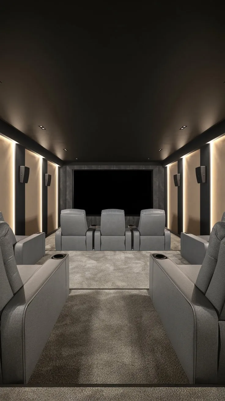 Sleek Modern Basement Theater with Plush Gray Seating