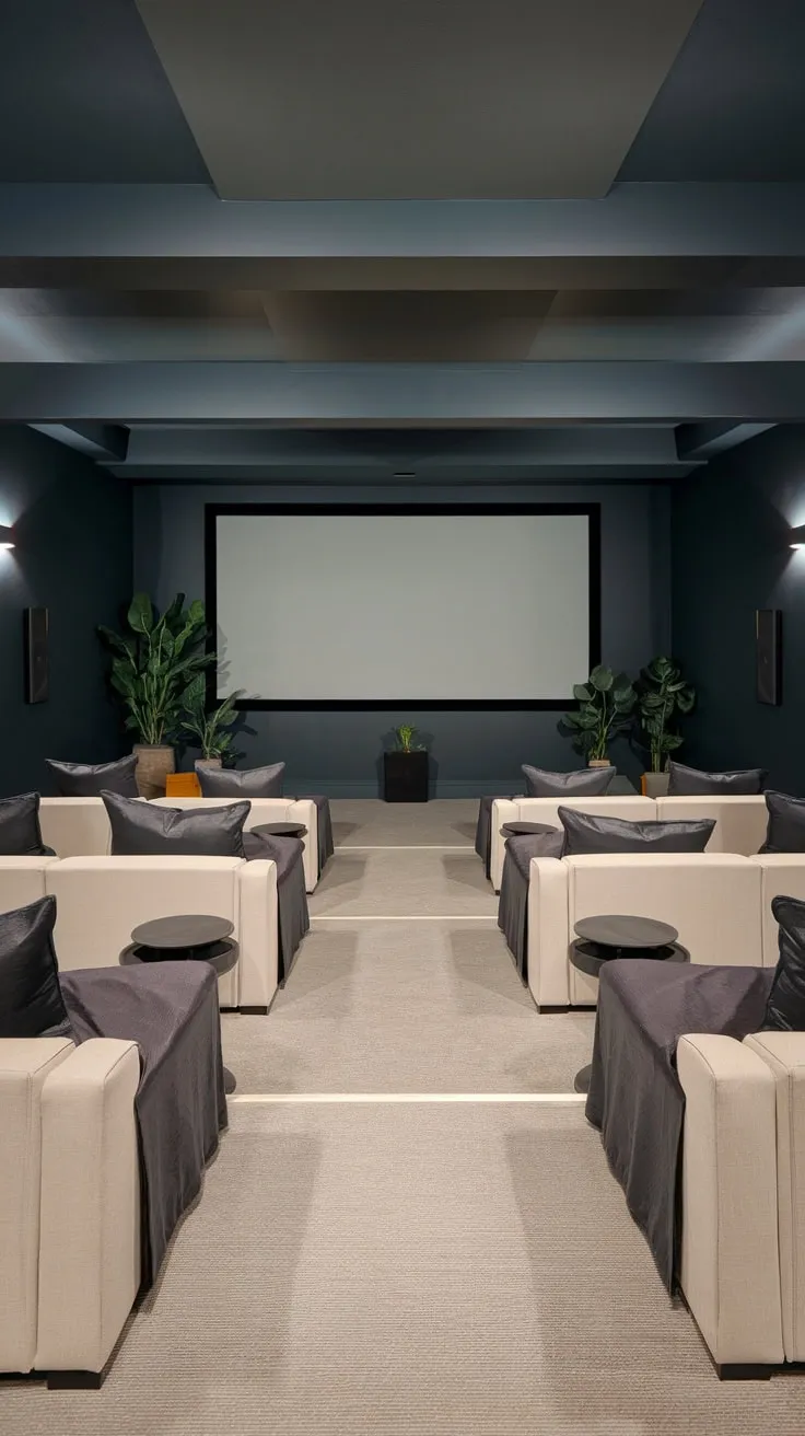 Sleek Modern Basement Theater with Cozy Seating Arrangement