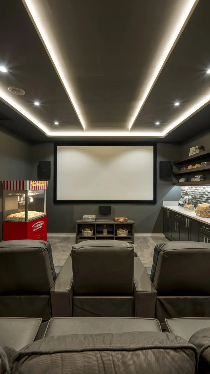 Stylish Modern Basement Theater with Cozy Amenities