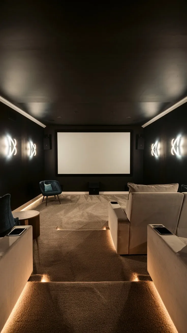 Elegant Modern Basement Theater with Cozy Ambiance