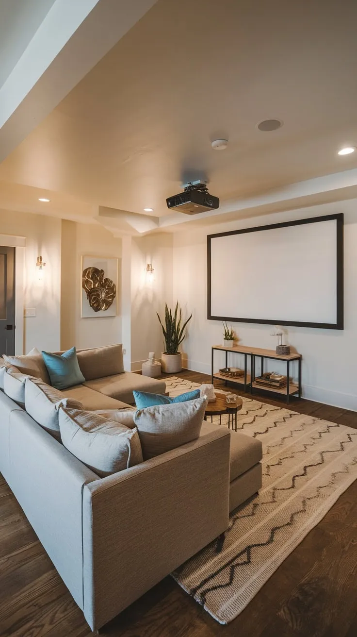 Cozy Modern Basement Theater with Stylish Decor Elements