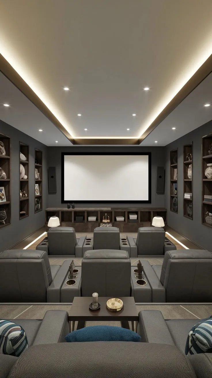 Sleek Modern Basement Theater with Cozy Reclining Chairs