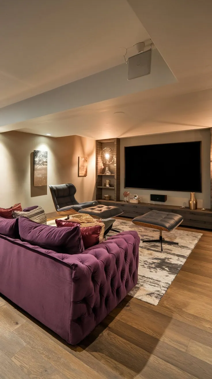 Cozy Modern Basement Theater with Plush Seating and Warm Lighting