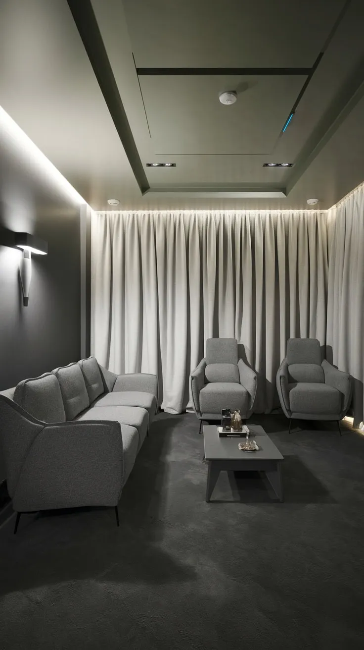 Sleek Modern Basement Theater with Gray Furnishings