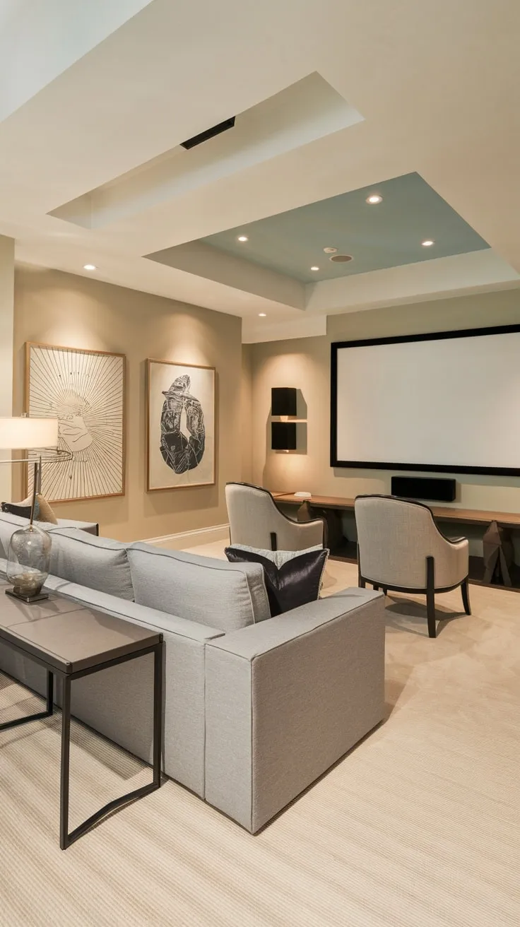 Stylish Modern Basement Theater with Cozy Seating