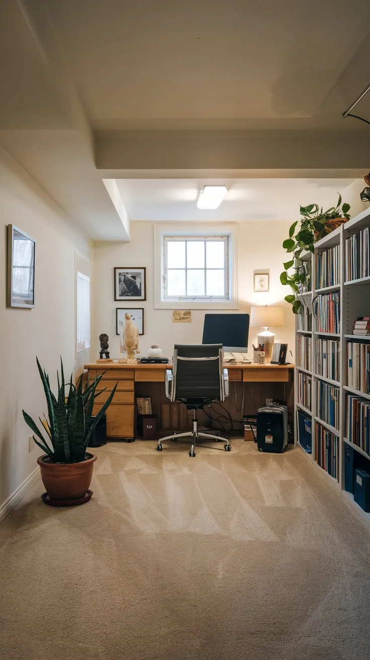 Bright Basement Office with Books and Personal Touches