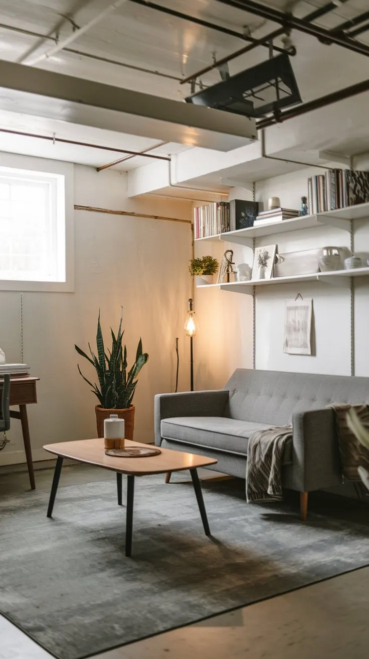 Modern Basement Office with Stylish Decor and Comfort