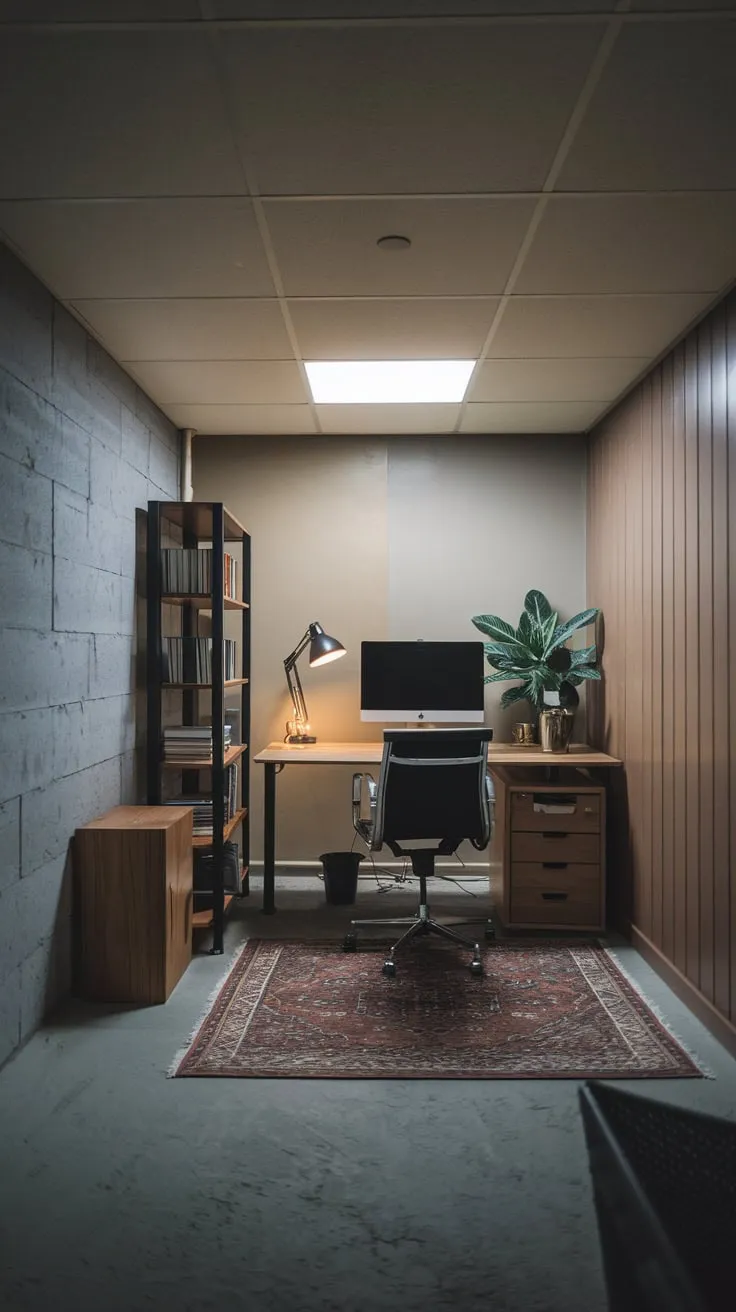 Dimly Lit Basement Office with Cozy Decor Elements
