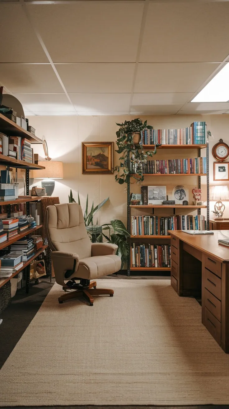 Cozy Basement Office with Books and Natural Touch