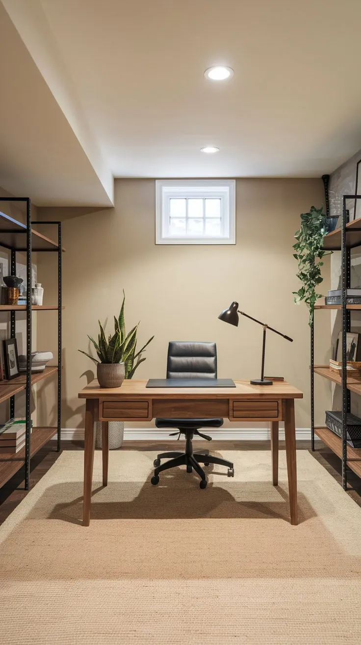 Cozy Basement Office with Wooden Desk and Plant