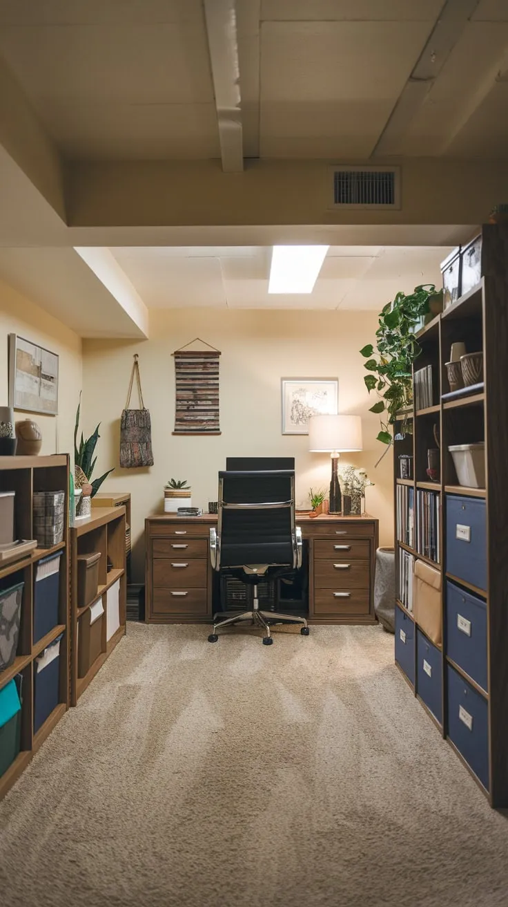 Cozy Basement Office with Furniture and Natural Touch